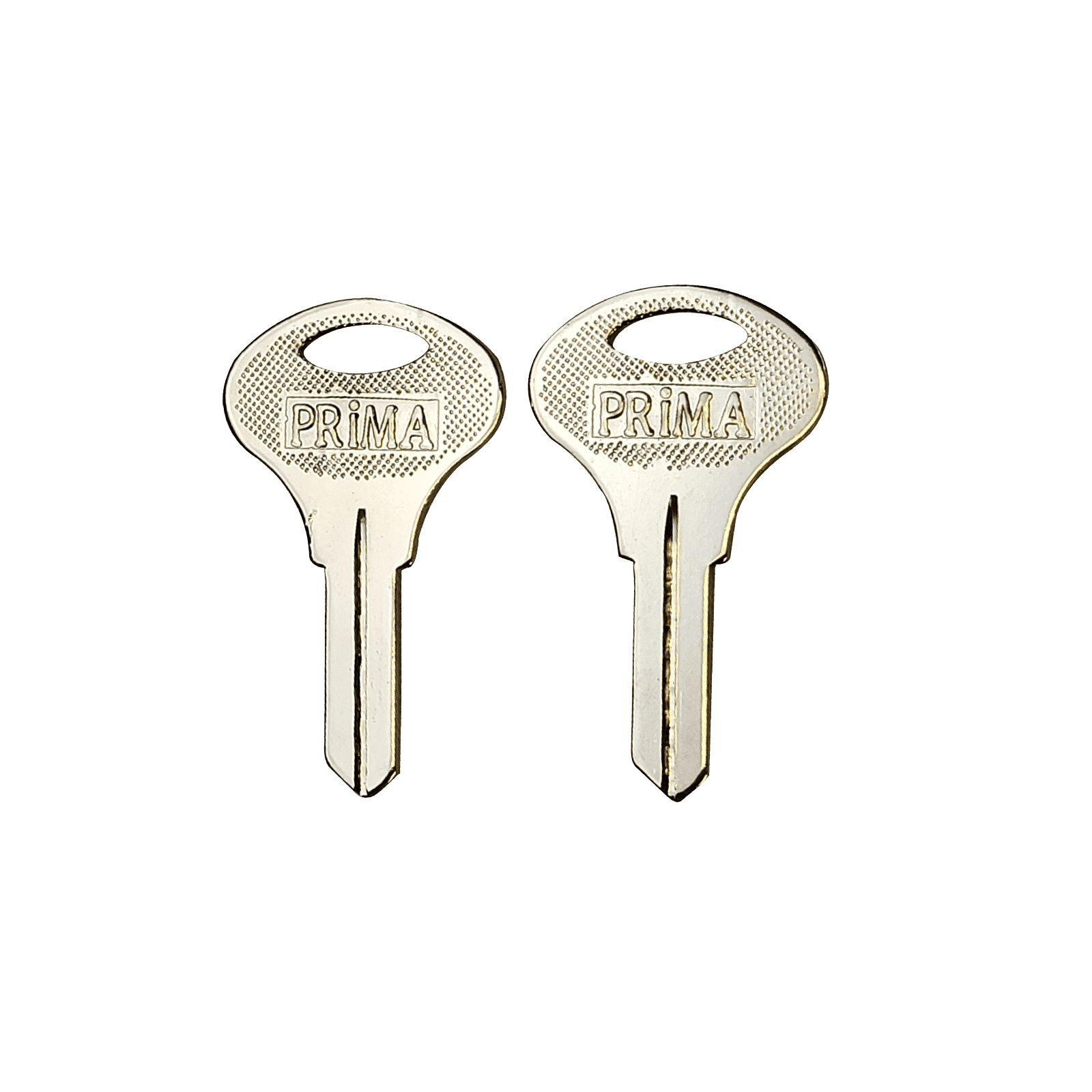 Two identical silver blank keys from Prima Decorative Hardware, made for Prima Multipoint door locks, are placed side by side on a white background.