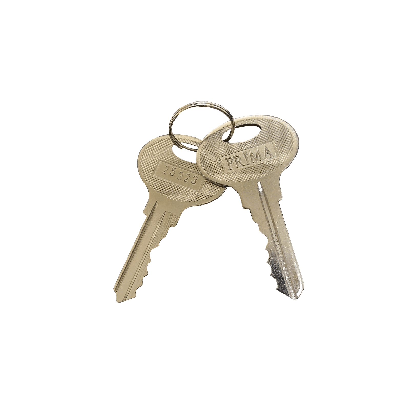 Two brass keys on a metal keyring—one stamped "PRIMA," the other numbered 75923—from Prima Decorative Hardware. Ideal as duplicate keys or for Prima Multipoint door locks, both are shown on a white background.