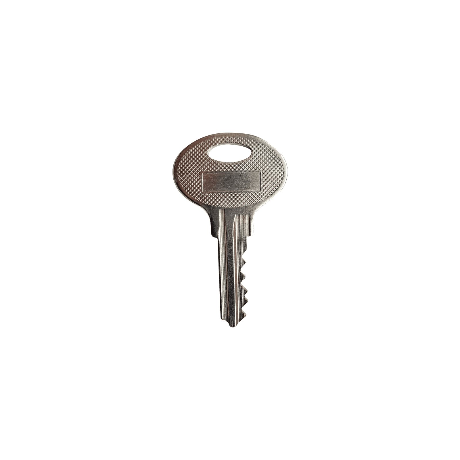 A single Prima Decorative Hardware silver metal house key with a round head and notched blade is shown isolated on a white background, ideal for use as a blank or duplicate key.