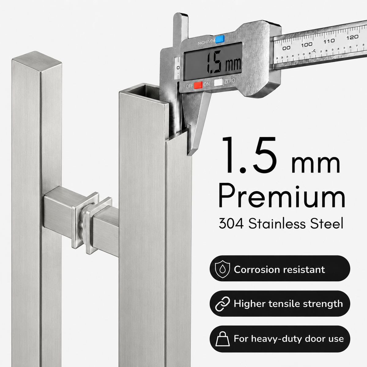 A door handle shown with a measuring 1.5 mm thickness with some features
