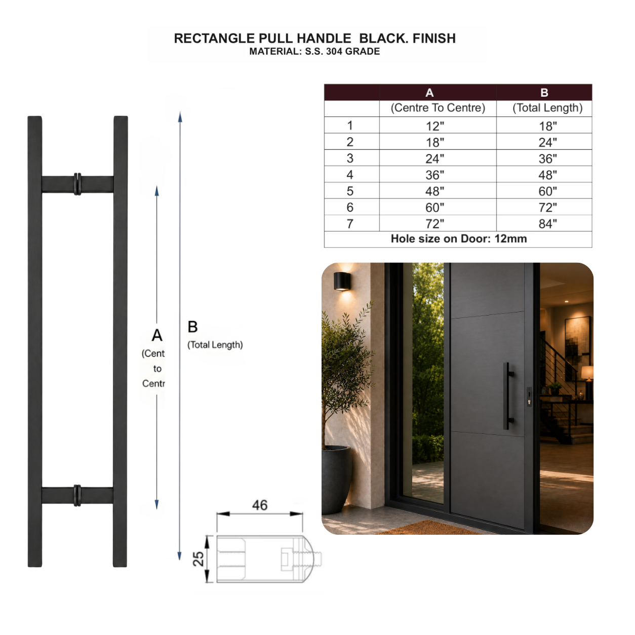 24" Back-to-Back Entry Door Pull Handle | Rectangle H Type Ladder Style | 304 Stainless Steel Front Door Push Pull Handle | for Residential & Commercial use - Black