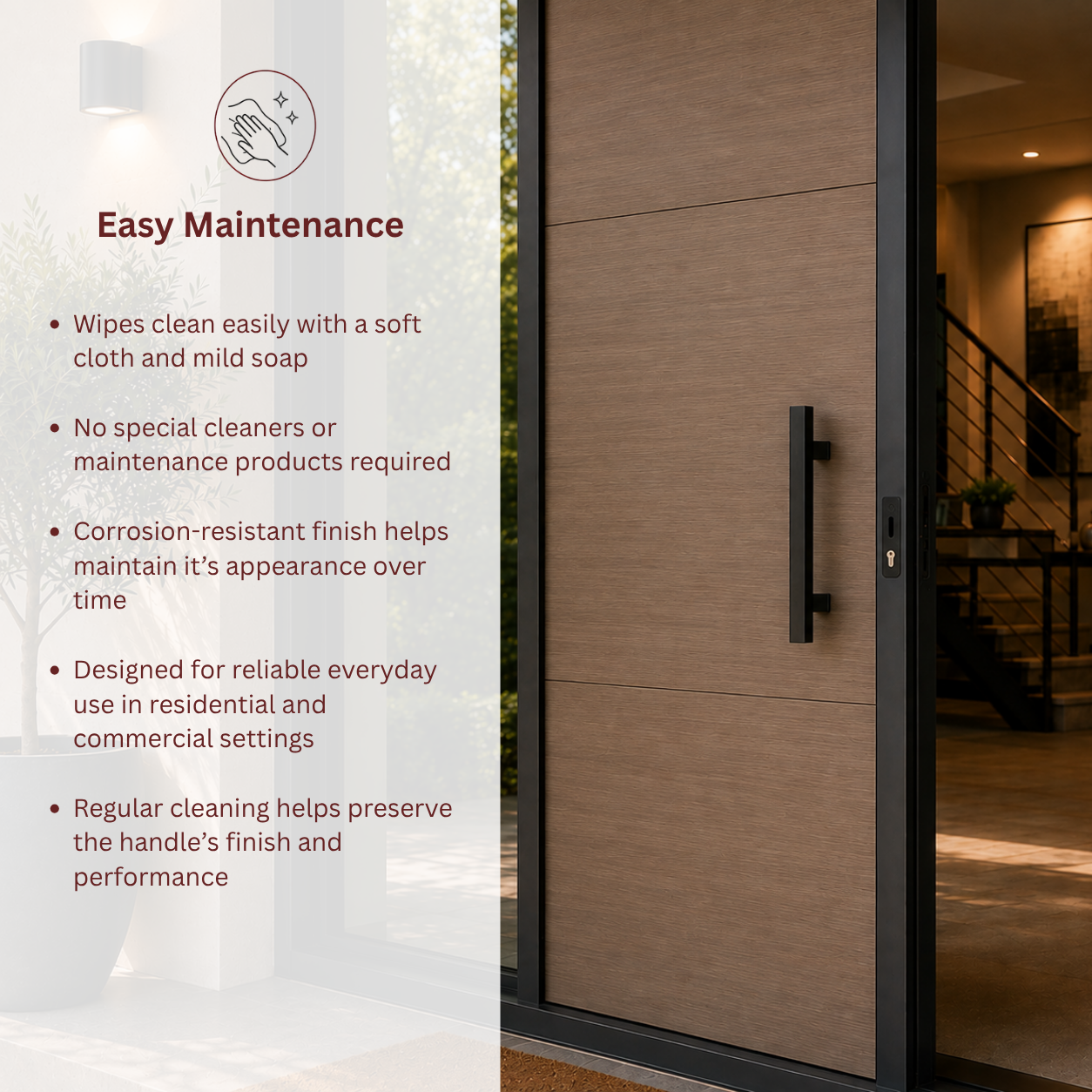 A modern brown exterior door with a slim vertical handle, shown in a real entryway setting with a glass side panel 
