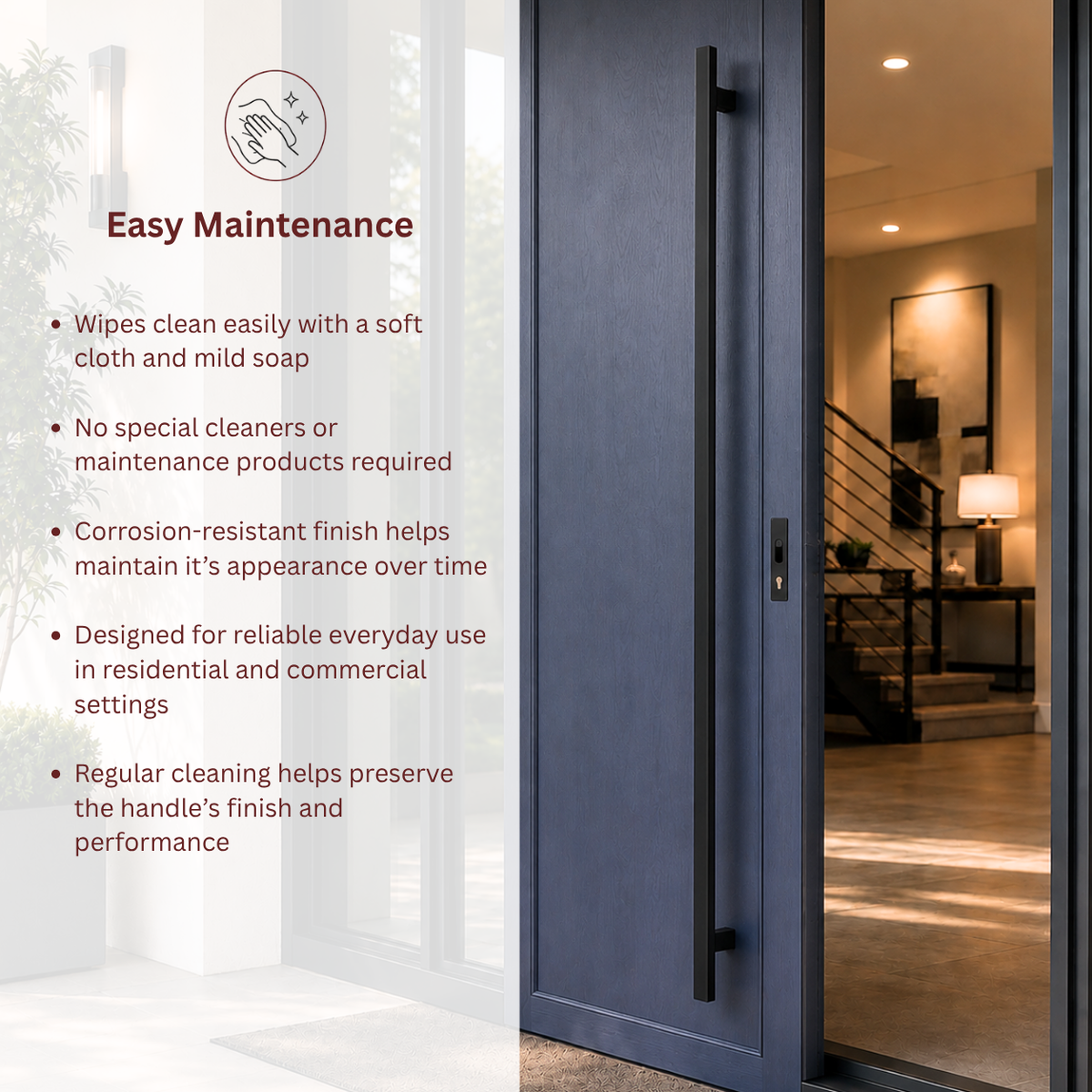 A modern blue exterior door with a slim vertical handle, shown in a real entryway setting with a glass side panel 
