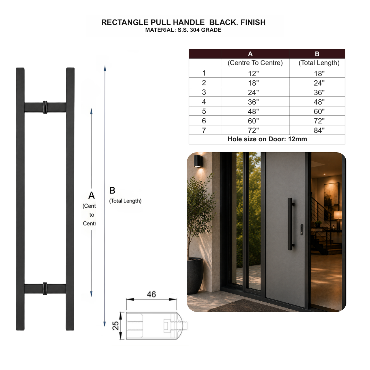 36" Back-to-Back Entry Door Pull Handle | Rectangle H Type Ladder Style | 304 Stainless Steel Front Door Push Pull Handle | for Residential & Commercial use - Black