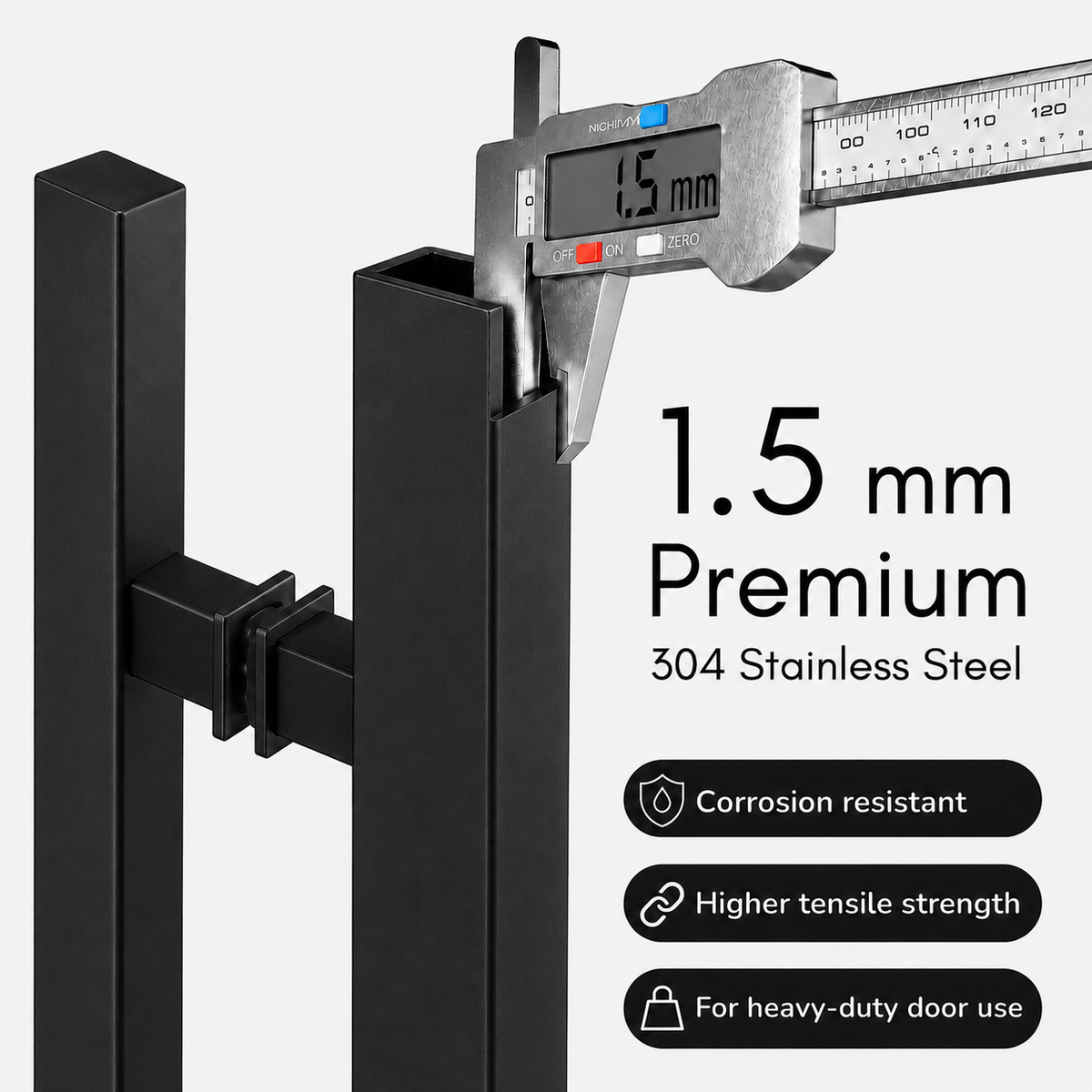 A door handle shown with a measuring 1.5 mm thickness with some features

