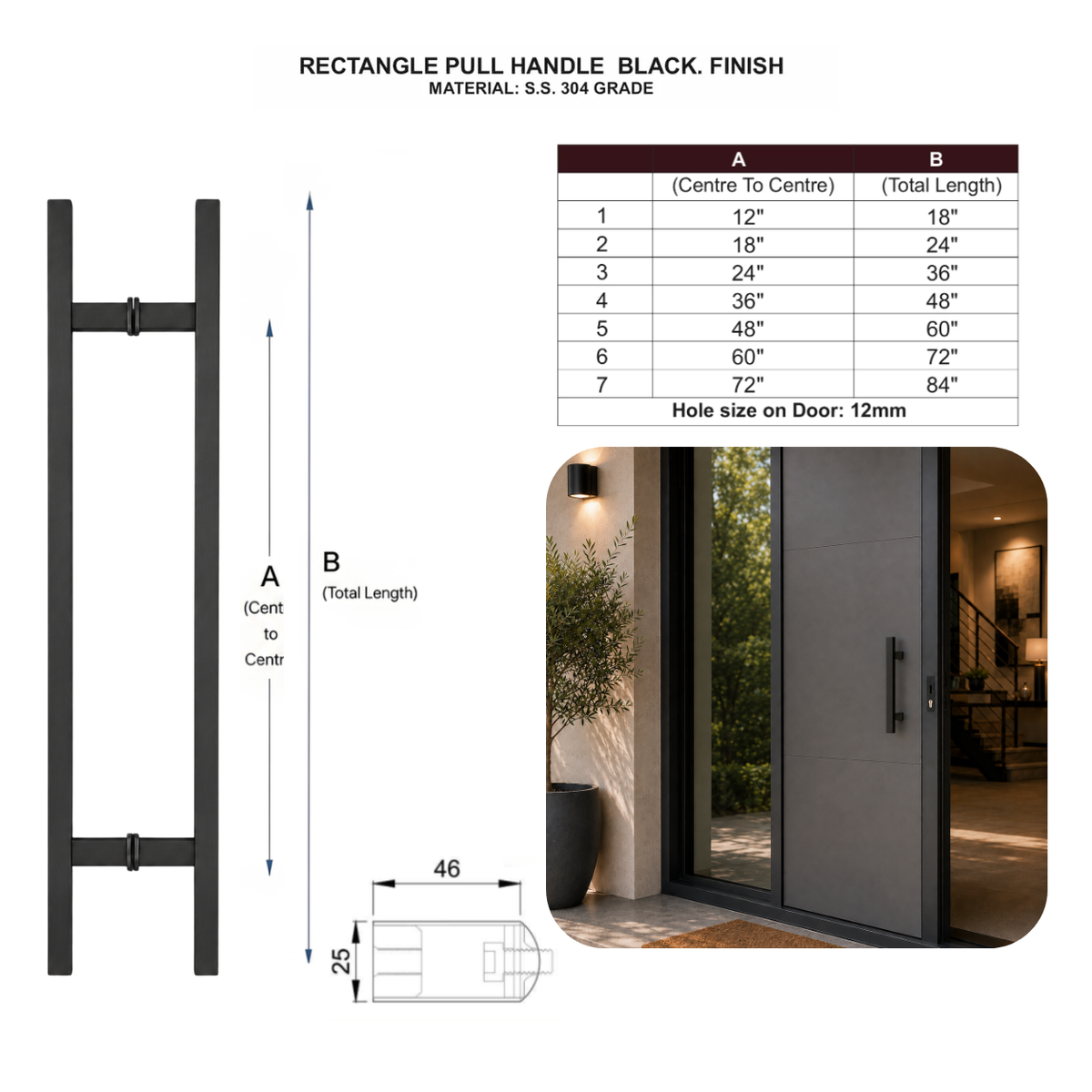 Technical specification and size chart for a black stainless steel for rectangle door pull handle 

