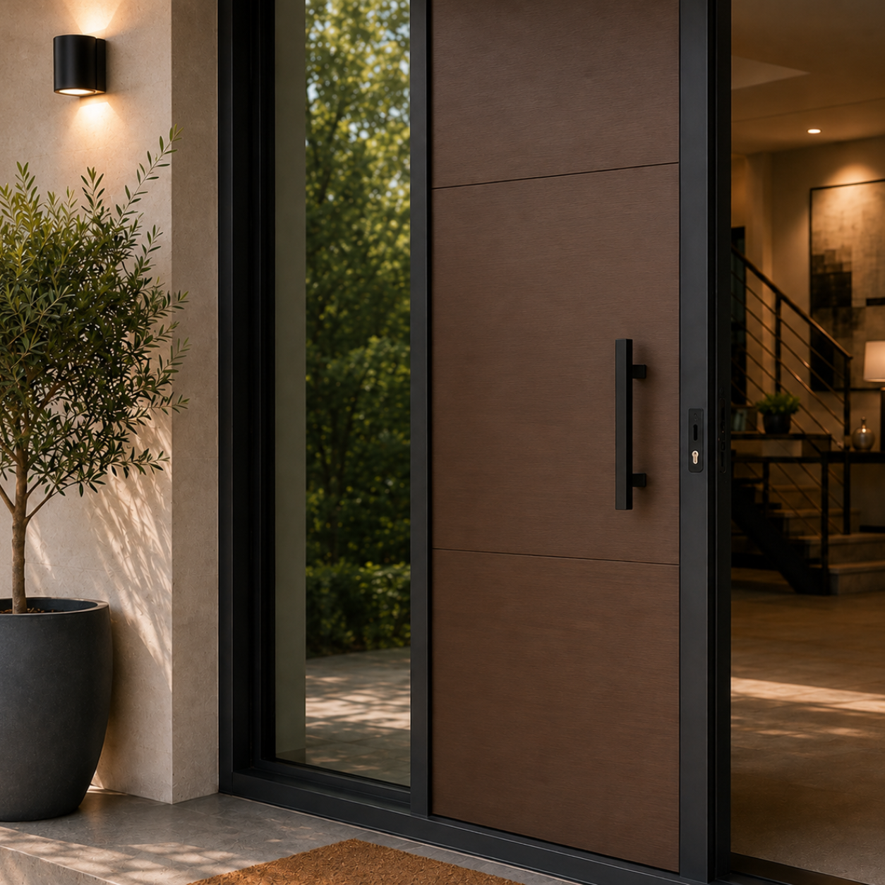 A black rectangle door handle installed in a brown door
