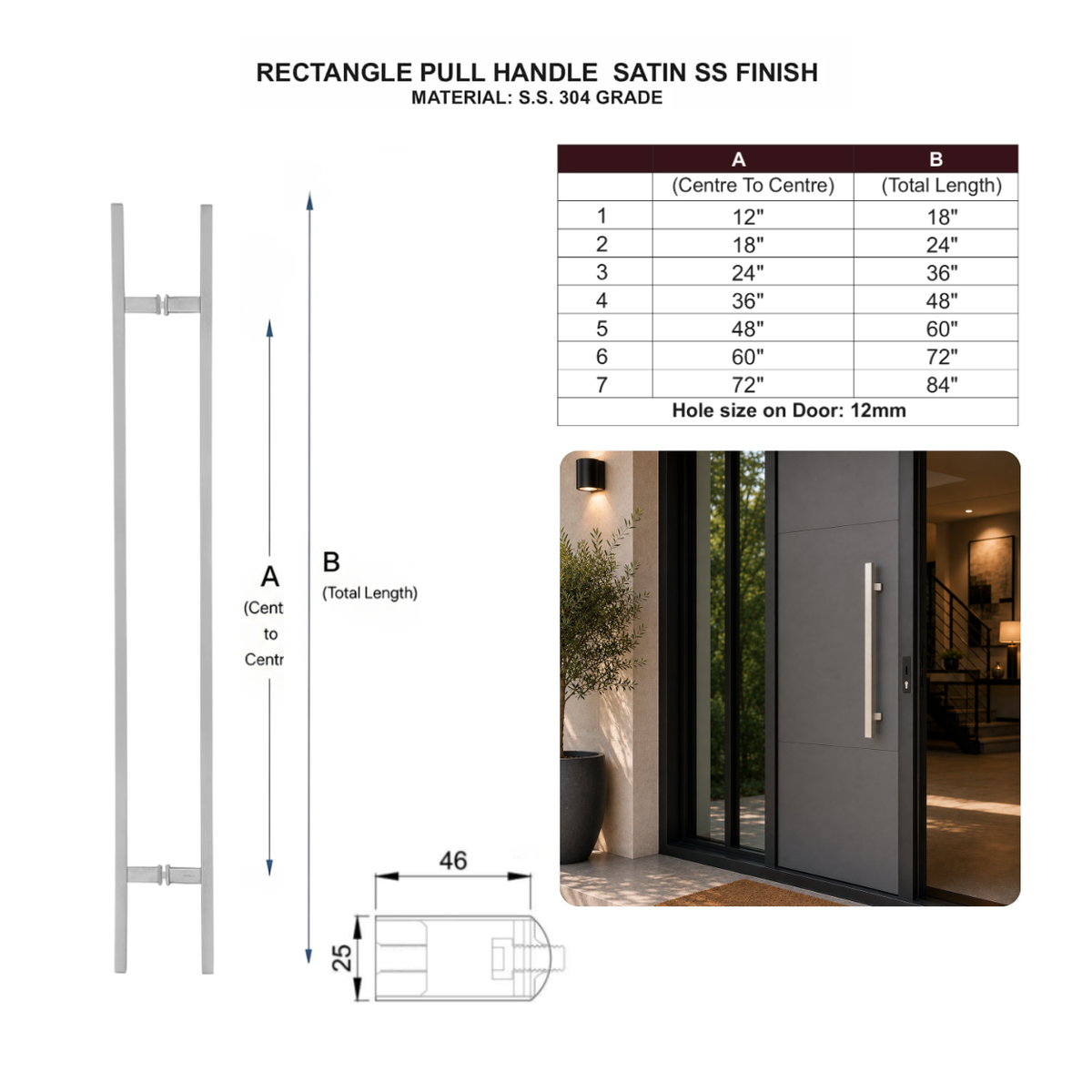 Technical specification and size chart for a satin stainless steel for rectangle door pull handle 
