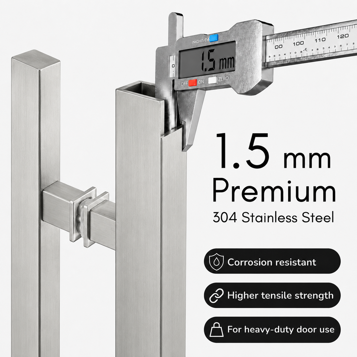A door handle shown with a measuring 1.5 mm thickness with some features
