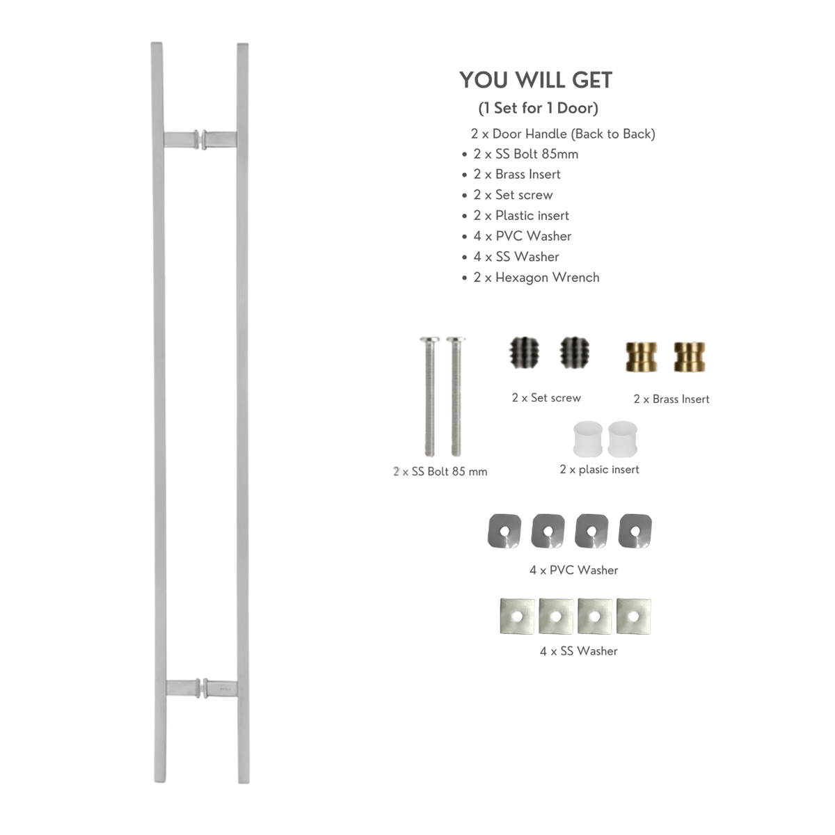 Rectangle door pull handle with a product contents list and labels for included hardware pieces
