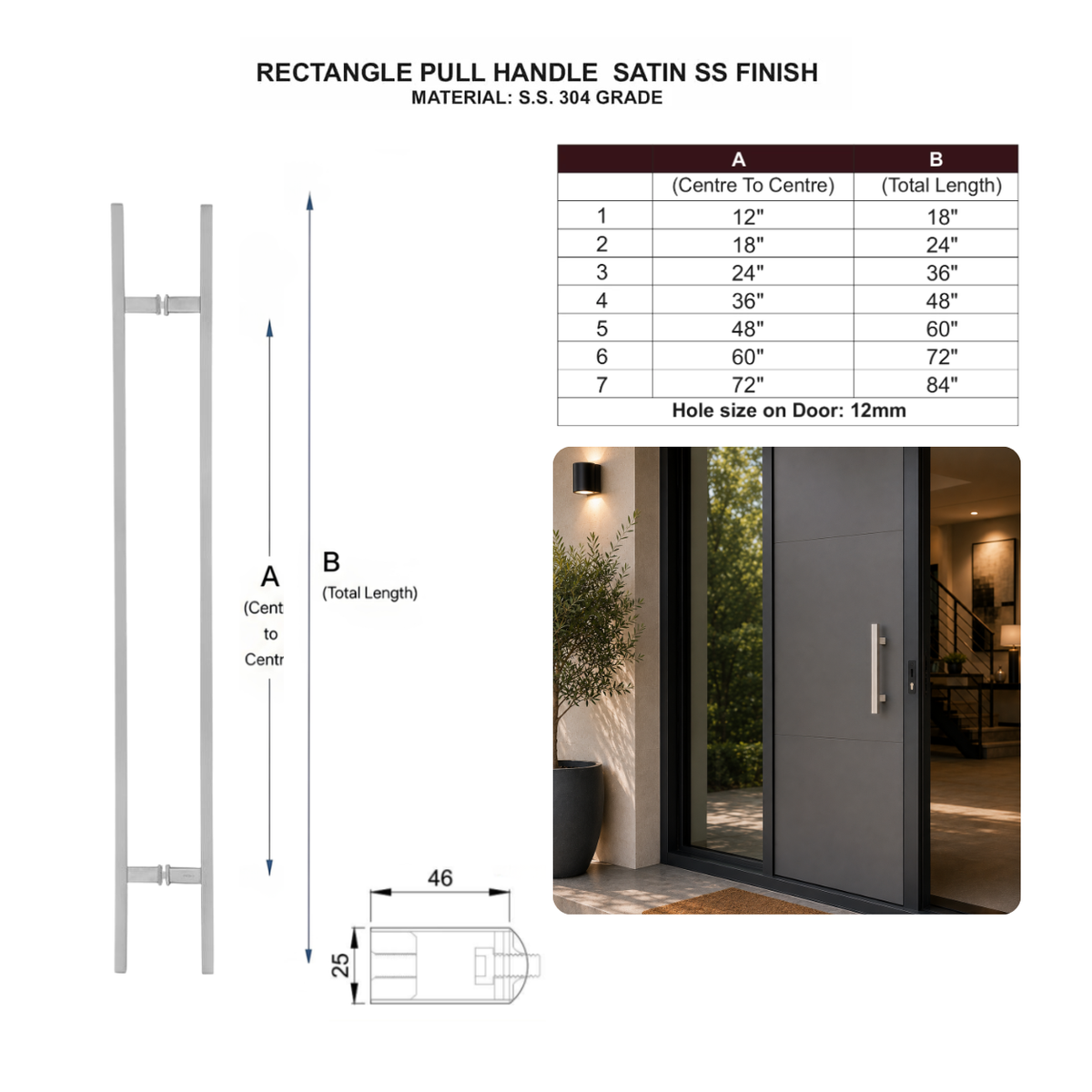 Technical specification and size chart for a satin stainless steel for rectangle door pull handle 
