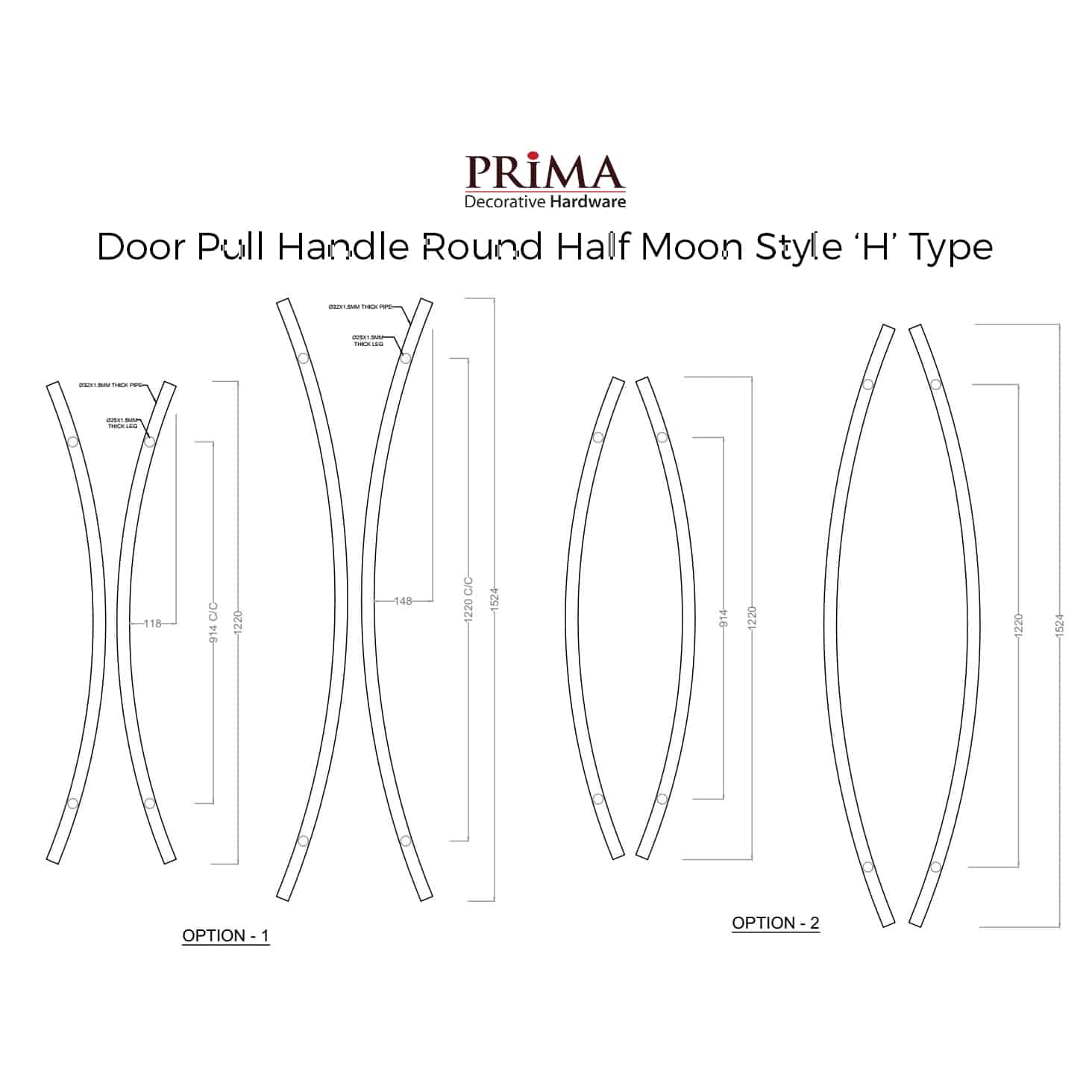 Poignée de porte ronde demi-lune type « H » - 60 po satinée