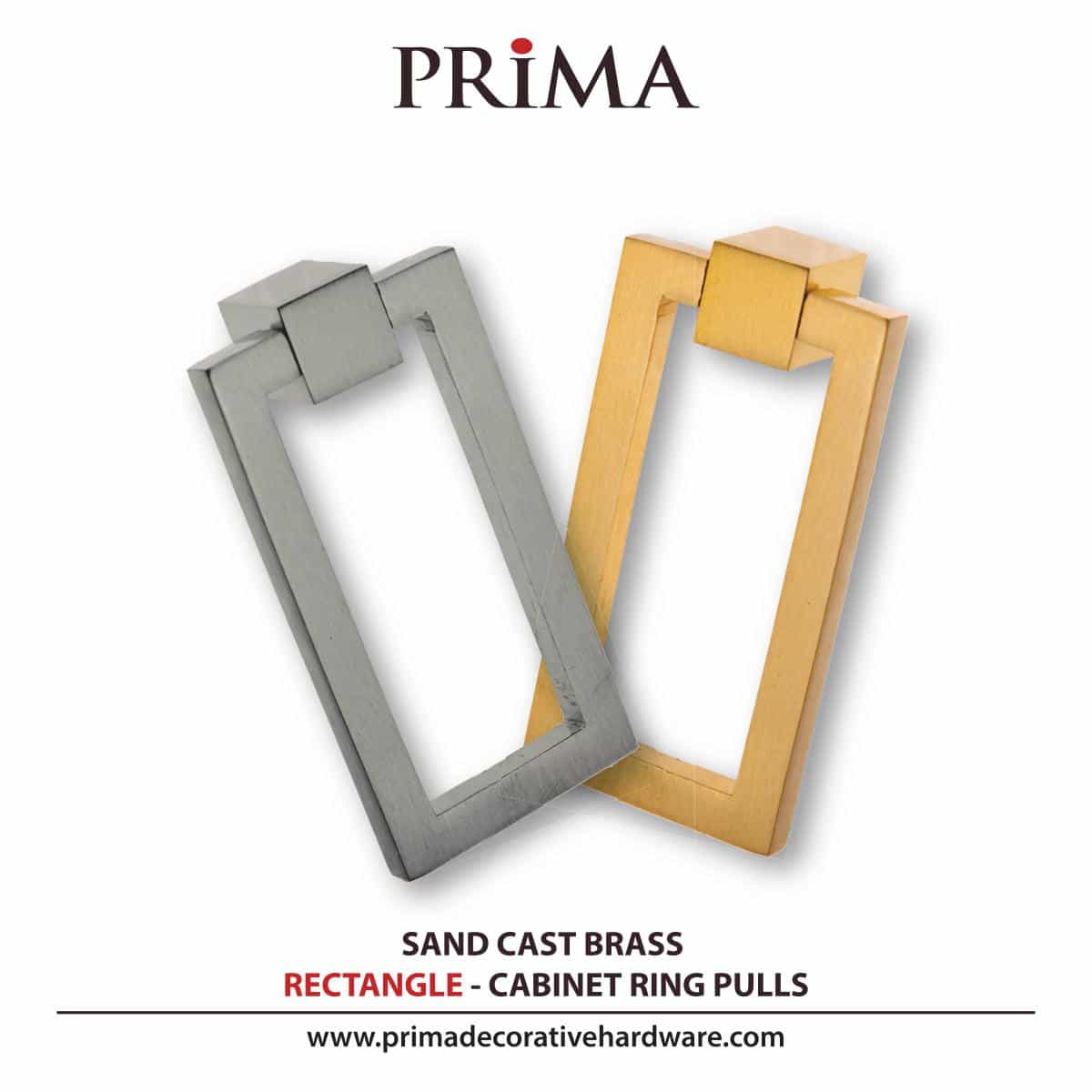 Two Ring Pull Rectangle 2"x 4" by Prima Decorative Hardware, one in silver and one in gold sand cast brass, are displayed on a white background with the Prima Decorative Hardware logo above.