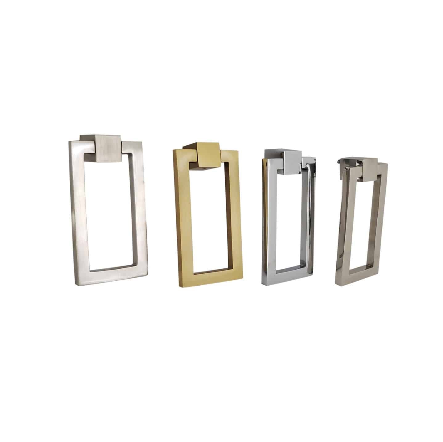 Four Prima Decorative Hardware Ring Pull Rectangle 2"x4" knocks in matte silver, gold, polished silver, and brushed nickel are arranged on a white background—a sleek, modern choice for stylish cabinet hardware.