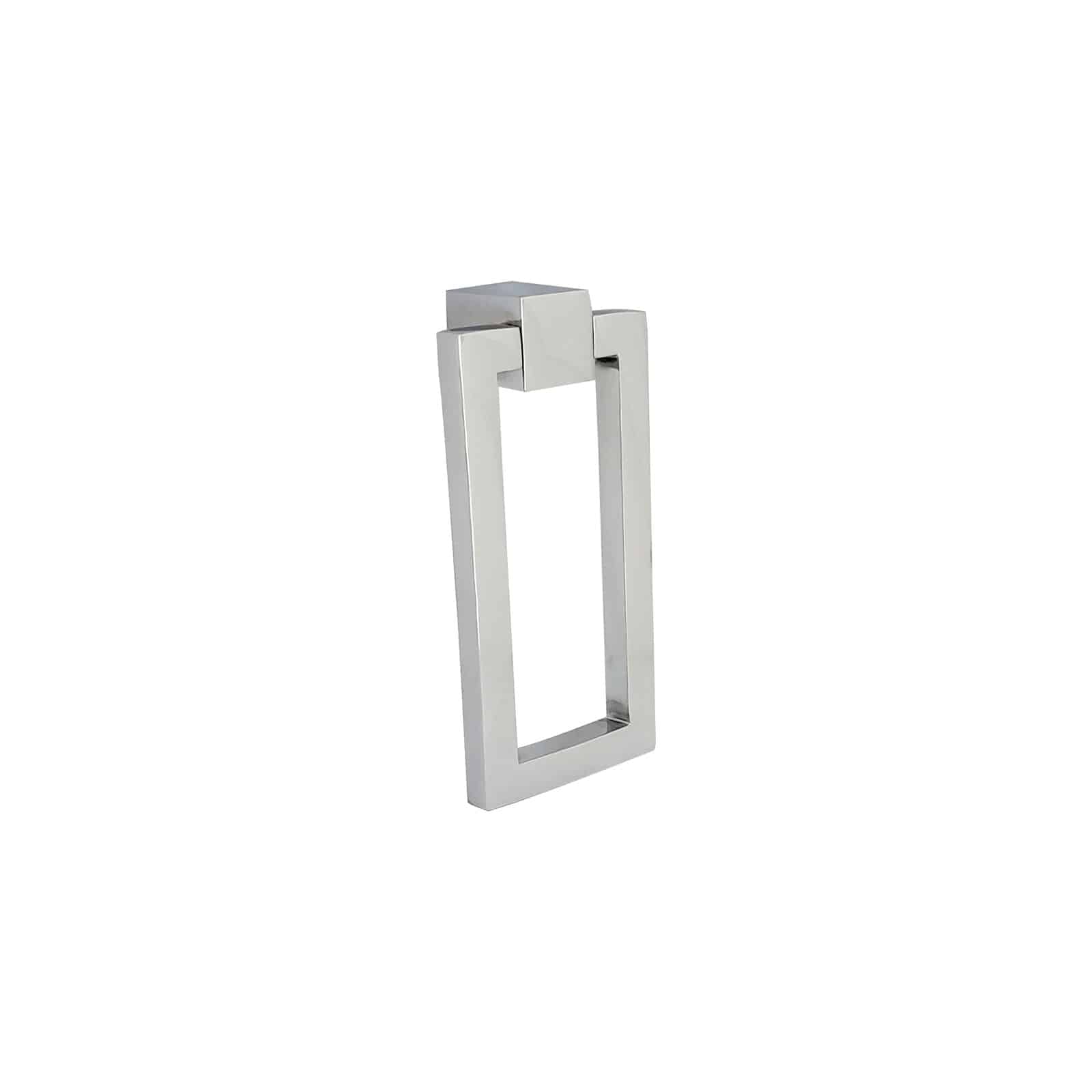 The Ring Pull Rectangle 2"x 4" by Prima Decorative Hardware is a modern, rectangular silver door knocker with clean lines and a minimalist design, reminiscent of sleek cabinet hardware, shown on a white background.