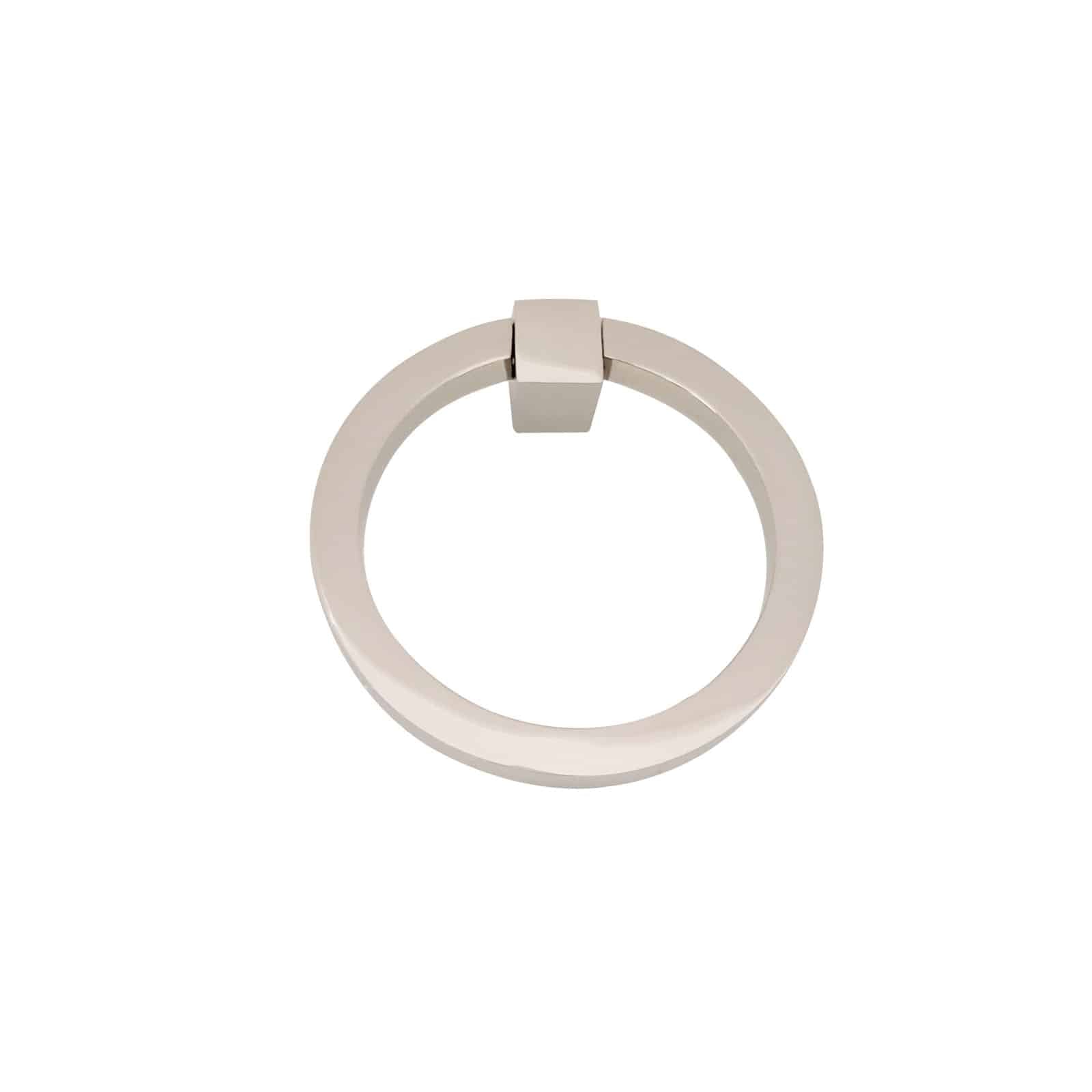 The Prima Decorative Hardware Ring Pulls Round 2″ is a silver or chrome circular metal pull with a modern, minimalist look, reminiscent of a cabinet door knocker, shown isolated on a white background.