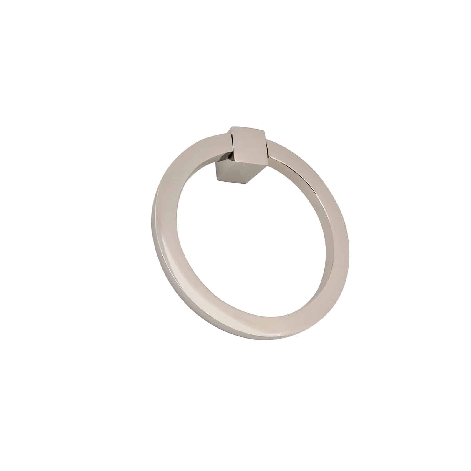 The Prima Decorative Hardware Ring Pulls Round 4" is a silver, circular metal towel ring with a square mounting bracket, styled to complement satin nickel hardware, shown isolated on a white background.