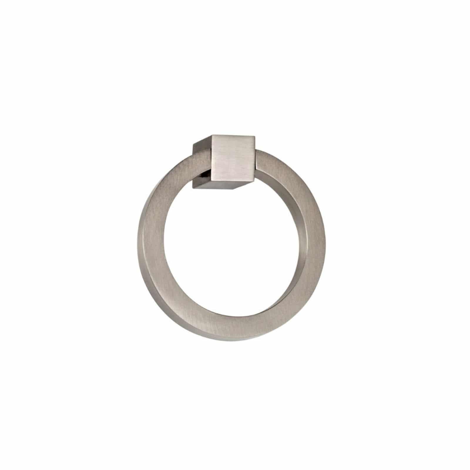 The Prima Decorative Hardware Ring Pulls Round 2″ features a brushed brass finish and square base, ideal as a cabinet pull. Shown isolated on a white background.