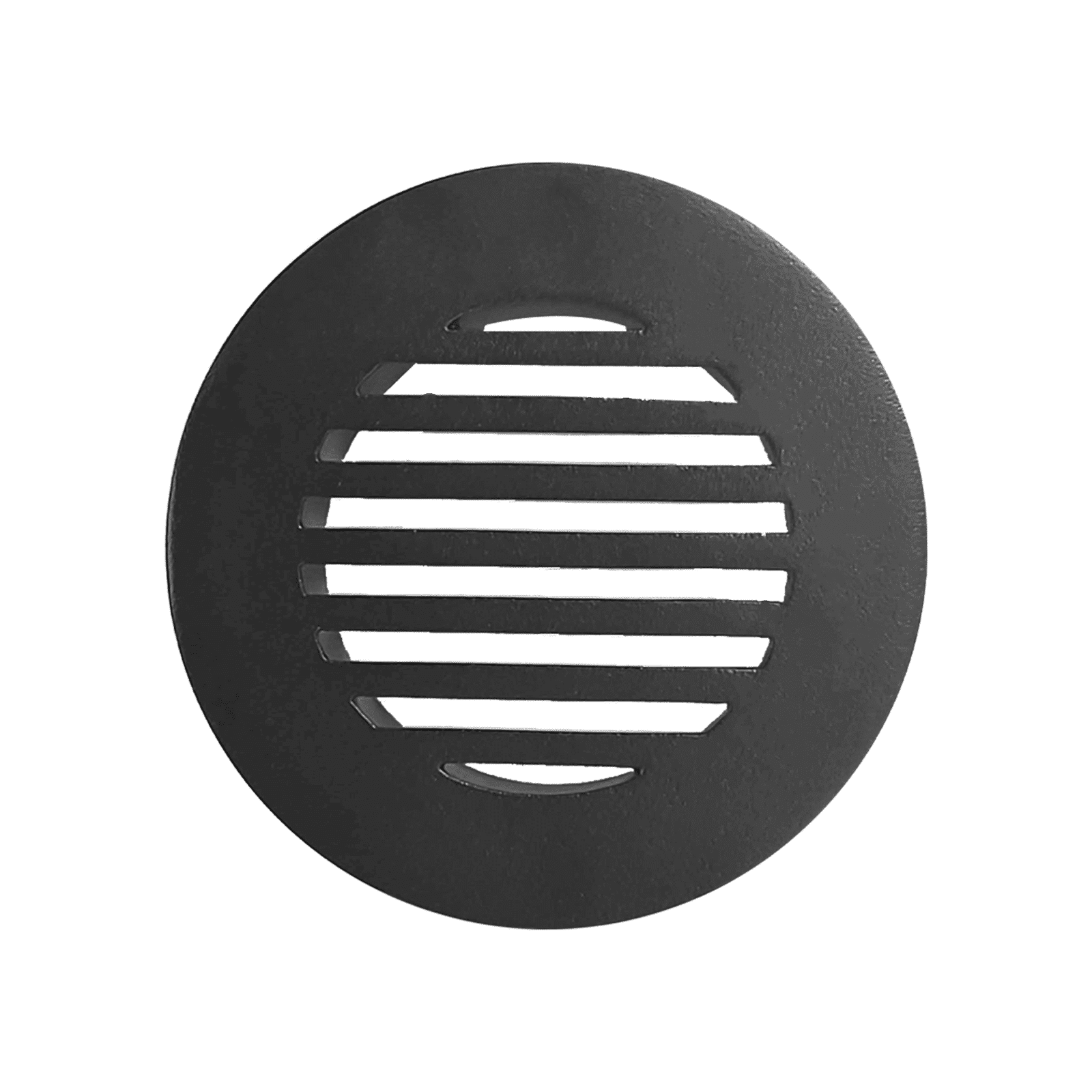 A round air vent grille by Prima Decorative Hardware, featuring horizontal slats and crafted from black cast aluminum for optimal airflow and durability, displayed against a white background.
