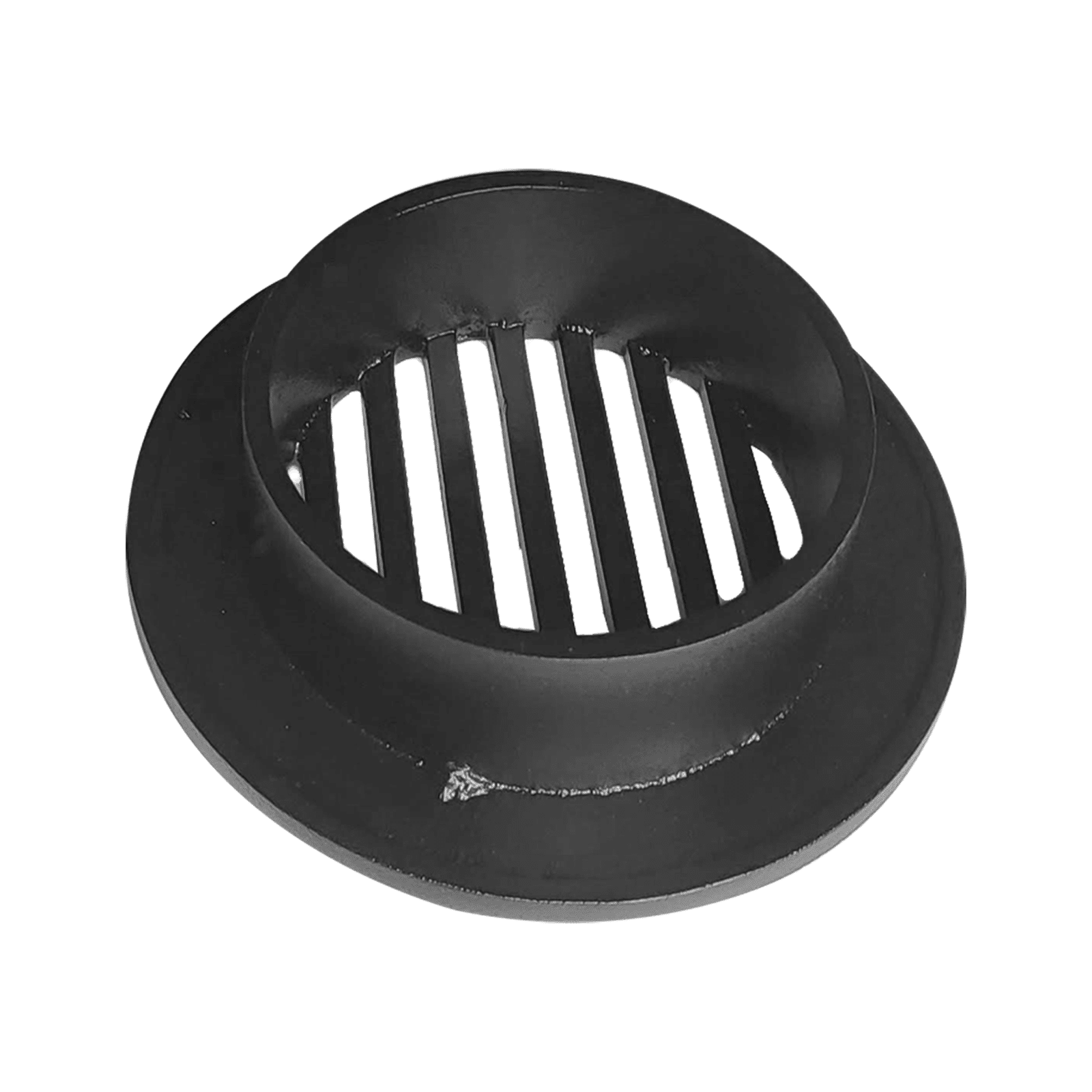 The Prima Decorative Hardware black round air vent grille, featuring vertical slats and a wide rim, provides a modern alternative to cast aluminum vent covers or traditional floor registers. Shown against a white background.