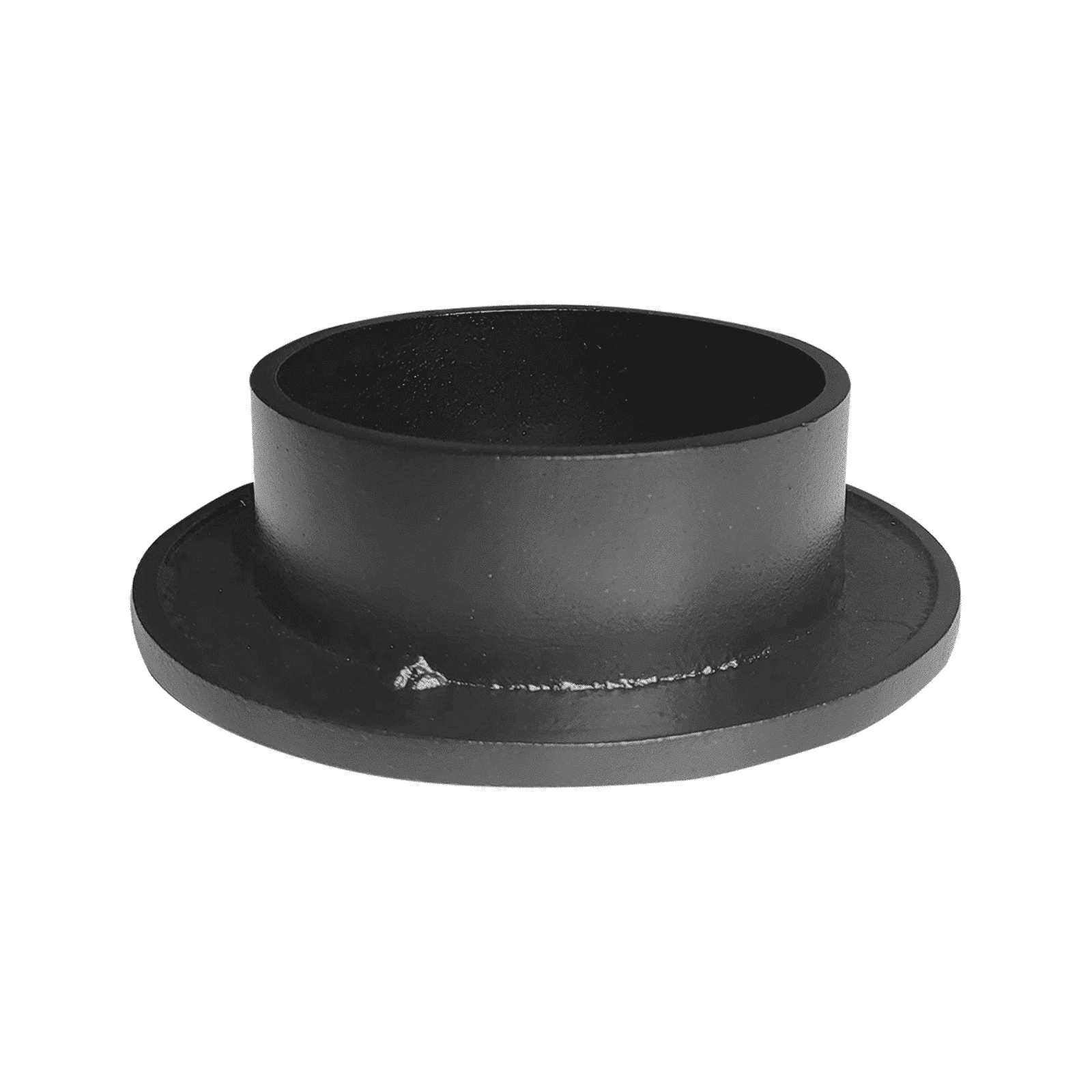 The Prima Decorative Hardware black metal pipe fitting, featuring a wide circular base and cylindrical top, is commonly paired with a round air vent grille and used for connecting pipes in industrial or plumbing settings.