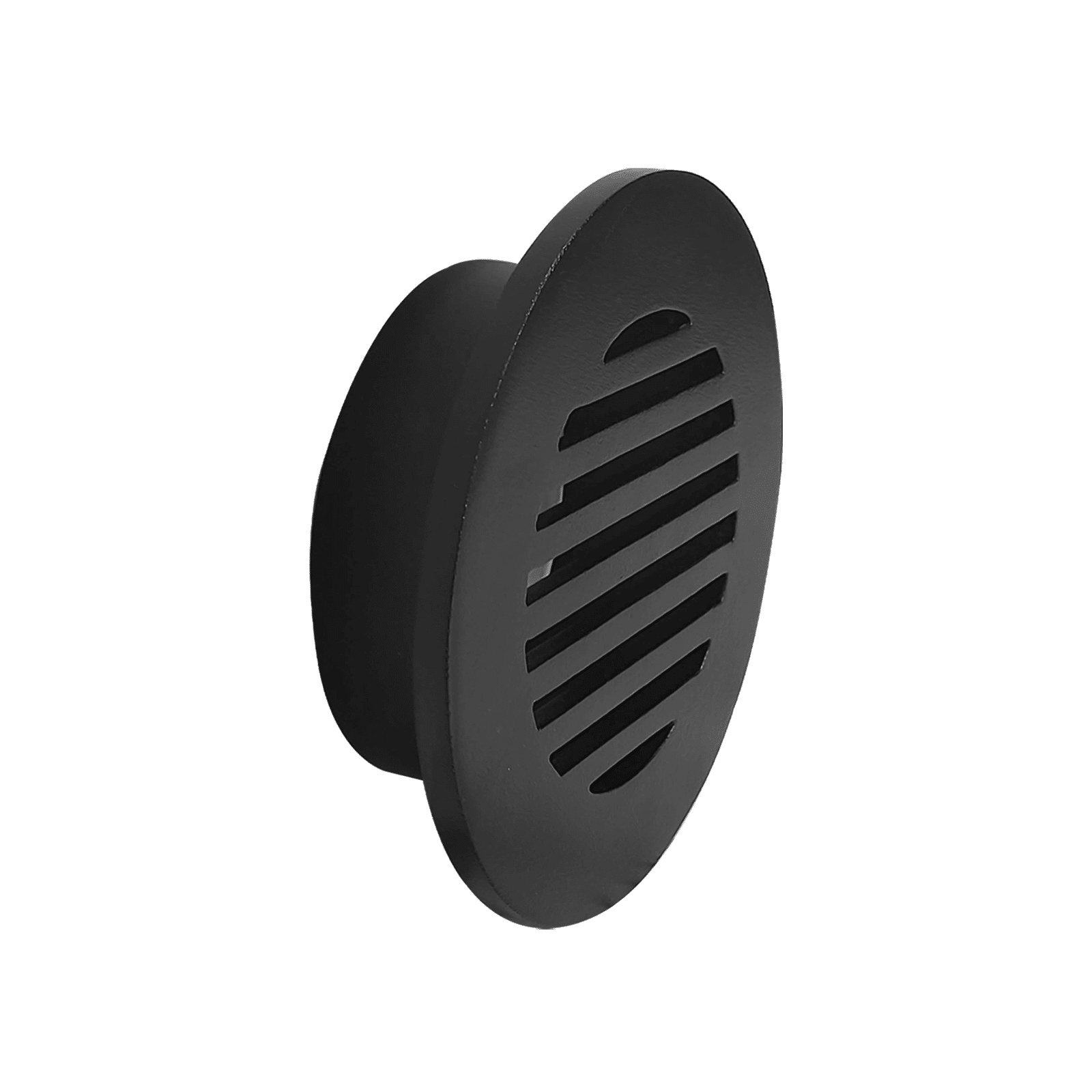 A black, oval-shaped cast aluminum vent cover with horizontal slats by Prima Decorative Hardware, shown against a white background.