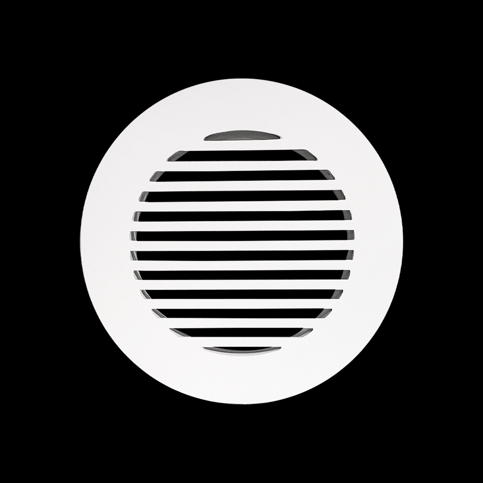 A white circular aluminum vent cover by Prima Decorative Hardware with horizontal slats, centered on a black background, designed as a sleek round air vent grille for modern interiors.