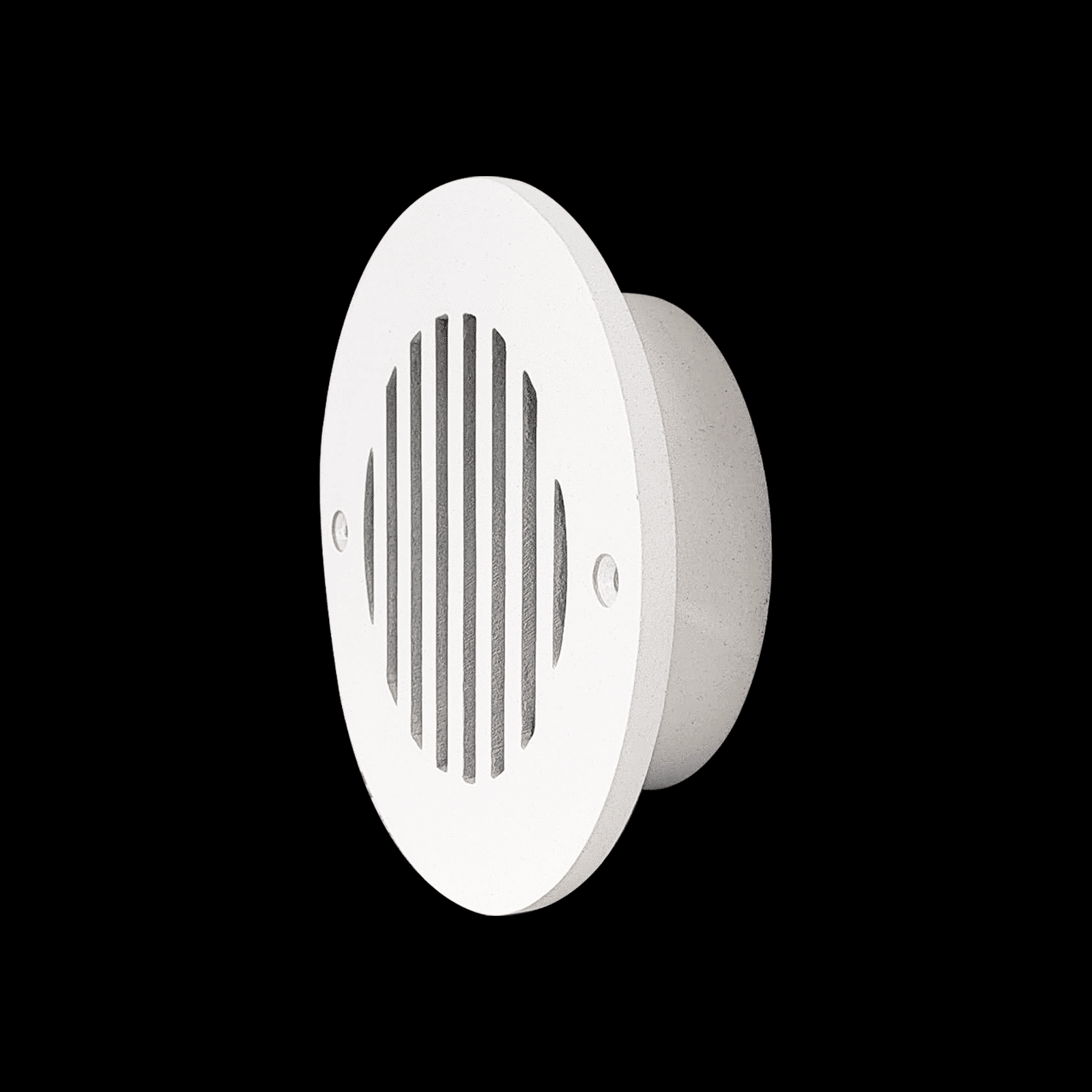 The Prima Decorative Hardware round air vent grille features vertical slats, two visible screw holes, and a white aluminum finish, mounted on a black background.