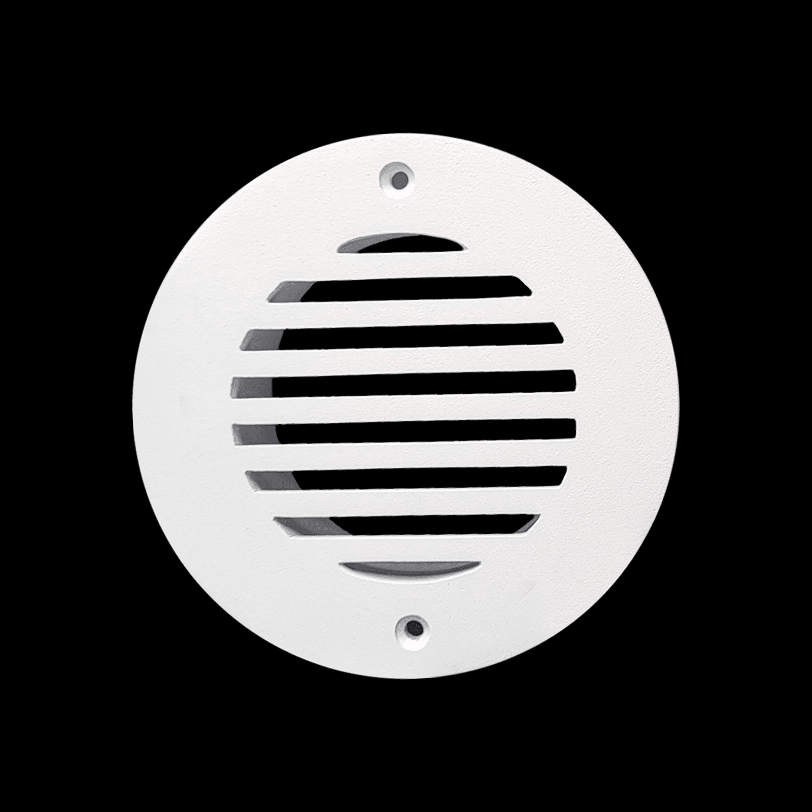 A Prima Decorative Hardware white, circular aluminum vent cover with horizontal slats and three screw holes is centered on a solid black background, resembling a modern round air vent grille.