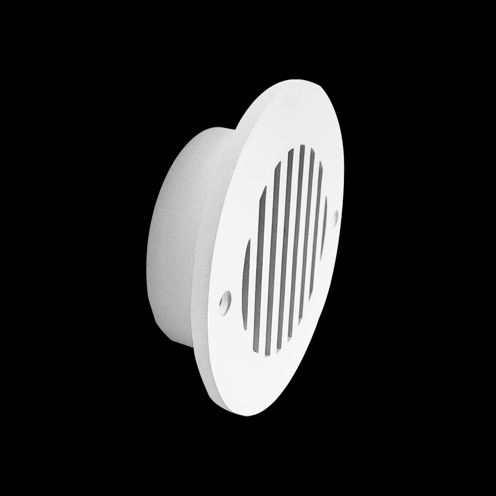 The Prima Decorative Hardware white round air vent grille features vertical slats and two screw holes, displayed against a solid black background.
