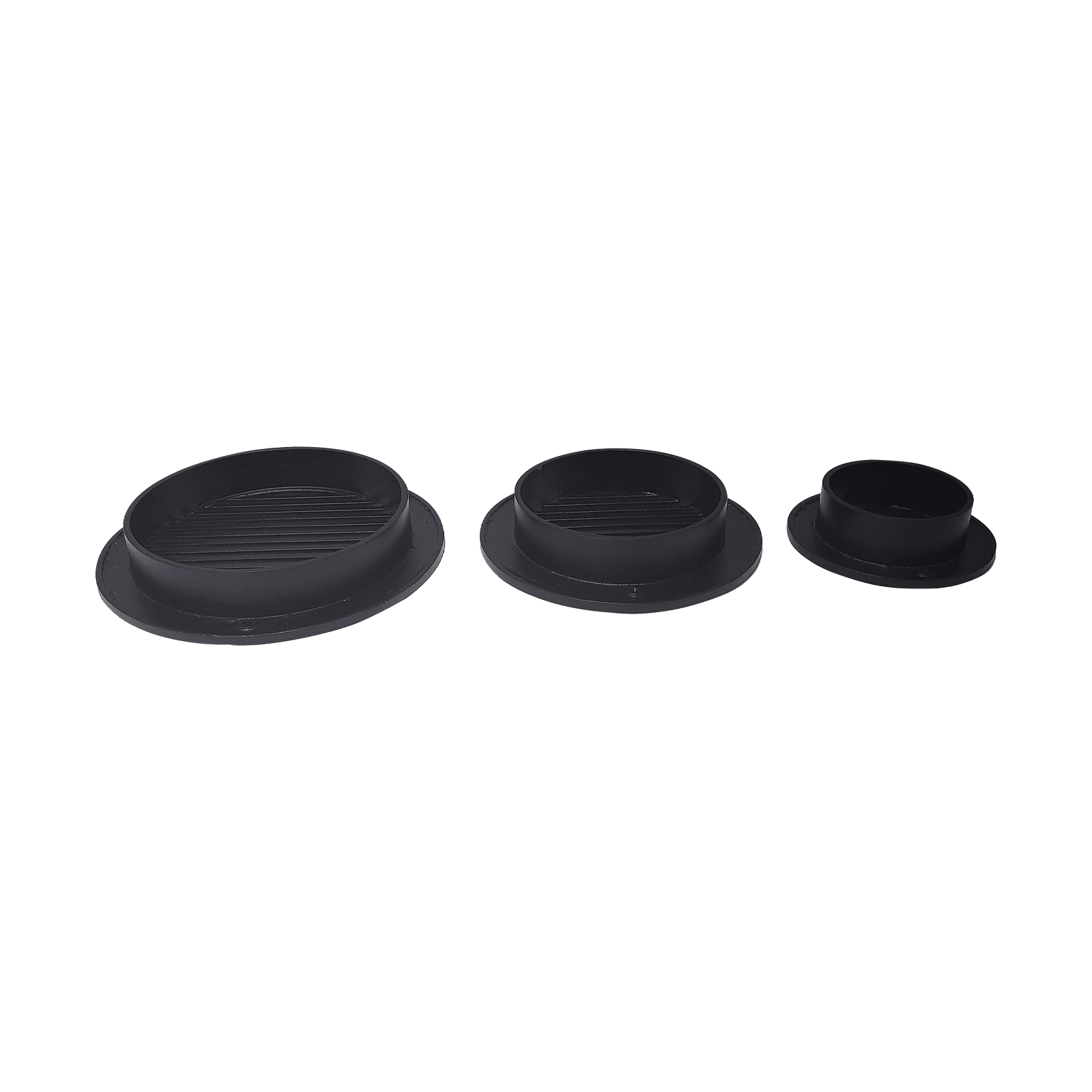 Three black, round plastic containers by Prima Decorative Hardware are arranged in a row on a white background. Their sleek, modern design resembles an air vent grille with flat bases and slightly raised sides.