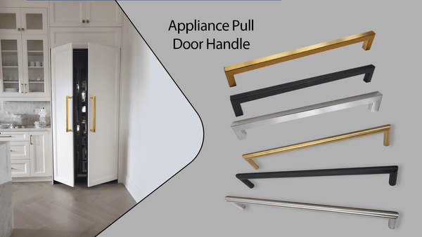 A modern kitchen with tall white cabinets and gold handles is shown on the left. On the right, five appliance pull door handles in gold, black, silver, and mixed finishes are displayed diagonally against a gray background.