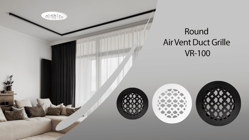 Modern living room with a round air vent duct grille on the ceiling; three grille color options (black, white, and gray) are displayed on a gray background with the text: “Round Air Vent Duct Grille VR-100.”.