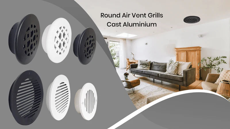 A selection of black and white round air vent grills is displayed on the left, with a modern living room featuring a ceiling vent grill shown on the right. Text reads, Round Air Vent Grills Cast Aluminium.