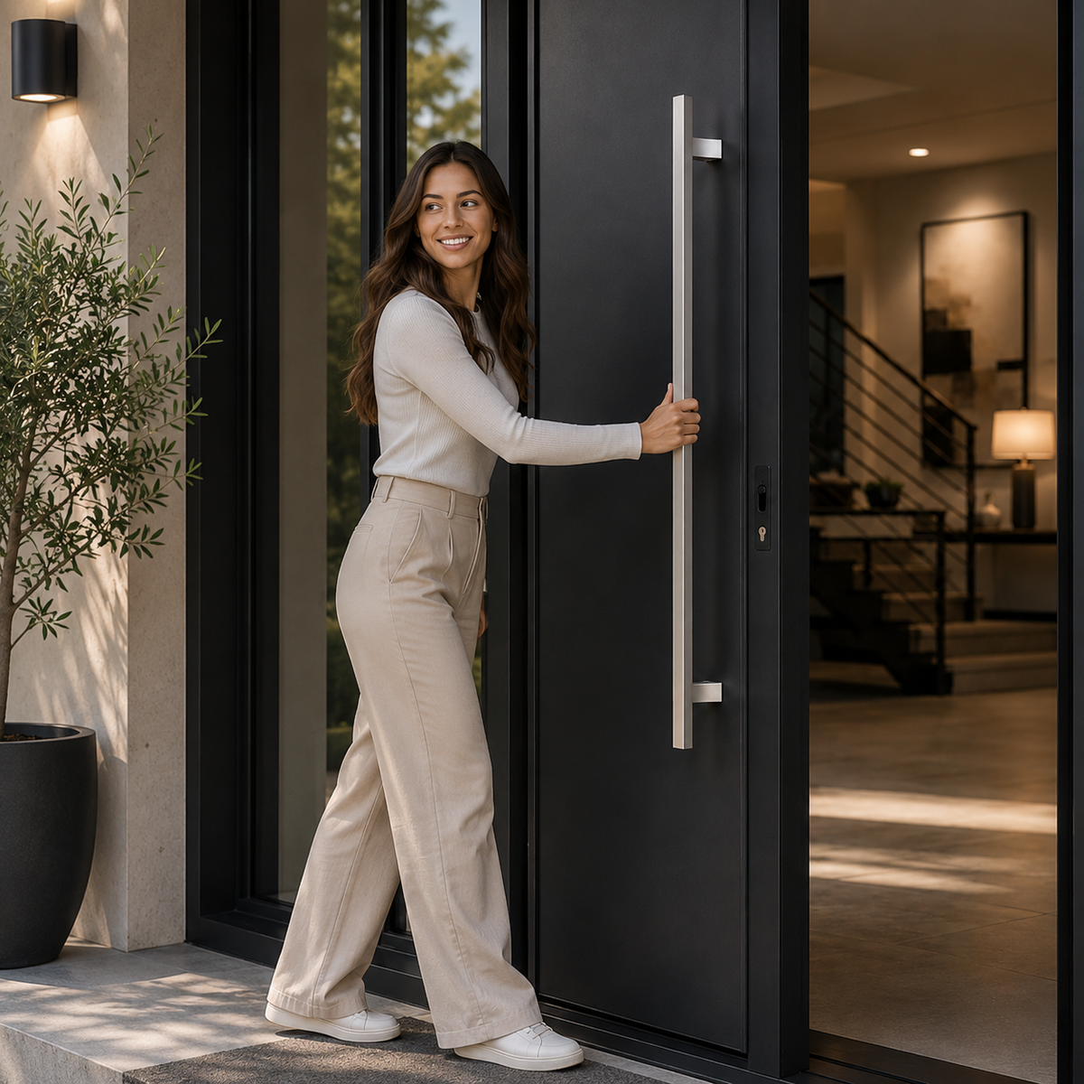 A woman holding the square door pull handle going inside
