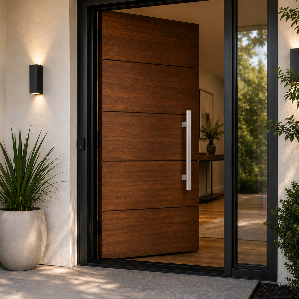 A satin square door handle installed in a brown door

