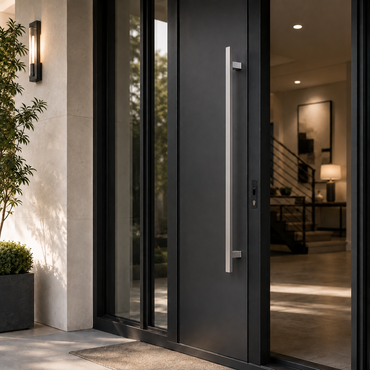 A satin square door handle installed in black door