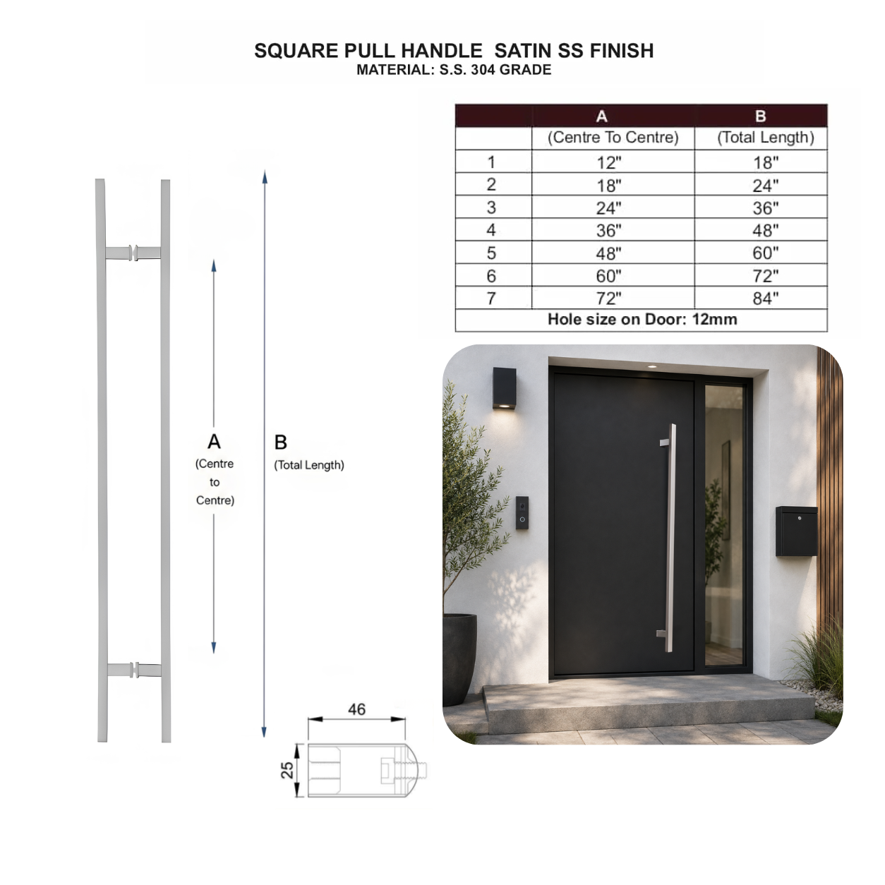 36" Back-to-Back Entry Door Pull Handle | Square H Type Ladder Style | 304 Stainless Steel Front Door Push Pull Handle | for Residential & Commercial use