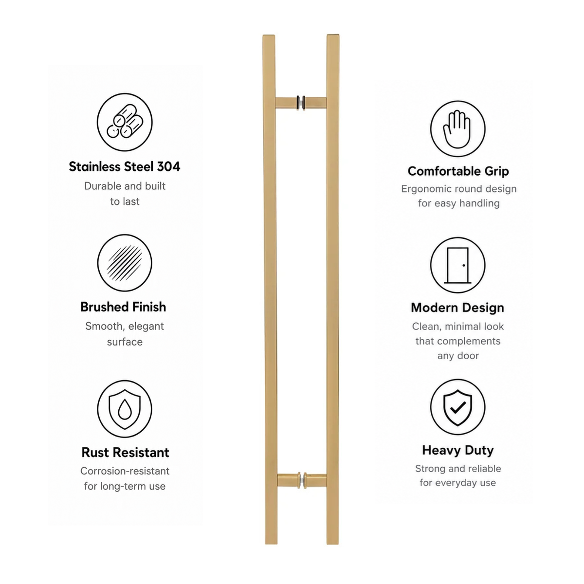 Square door pull handle with a product contents list and labels for included hardware pieces
