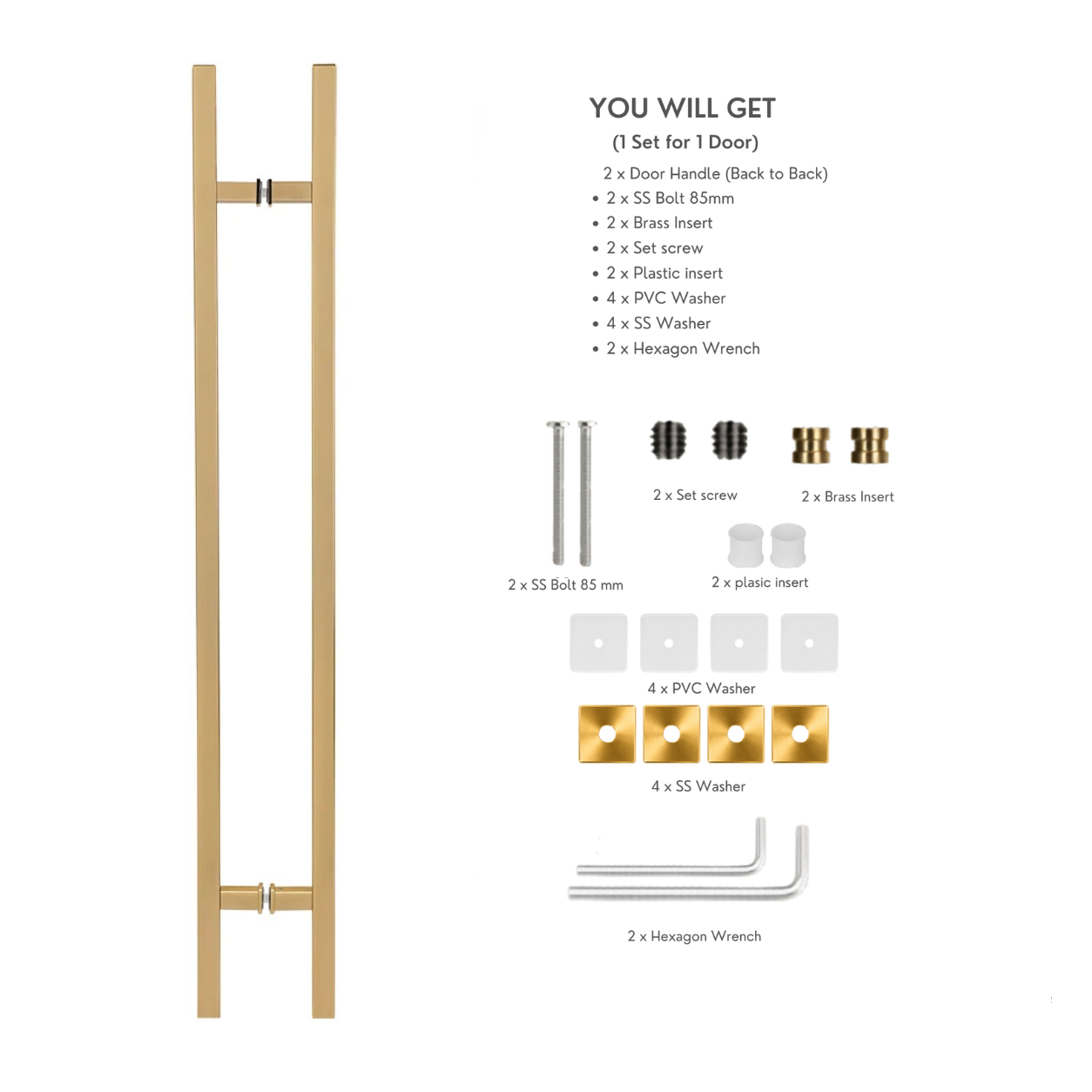 24" Back-to-Back Entry Door Pull Handle | Square H Type Ladder Style | 304 Stainless Steel Front Door Push Pull Handle | for Residential & Commercial use - PVD Gold