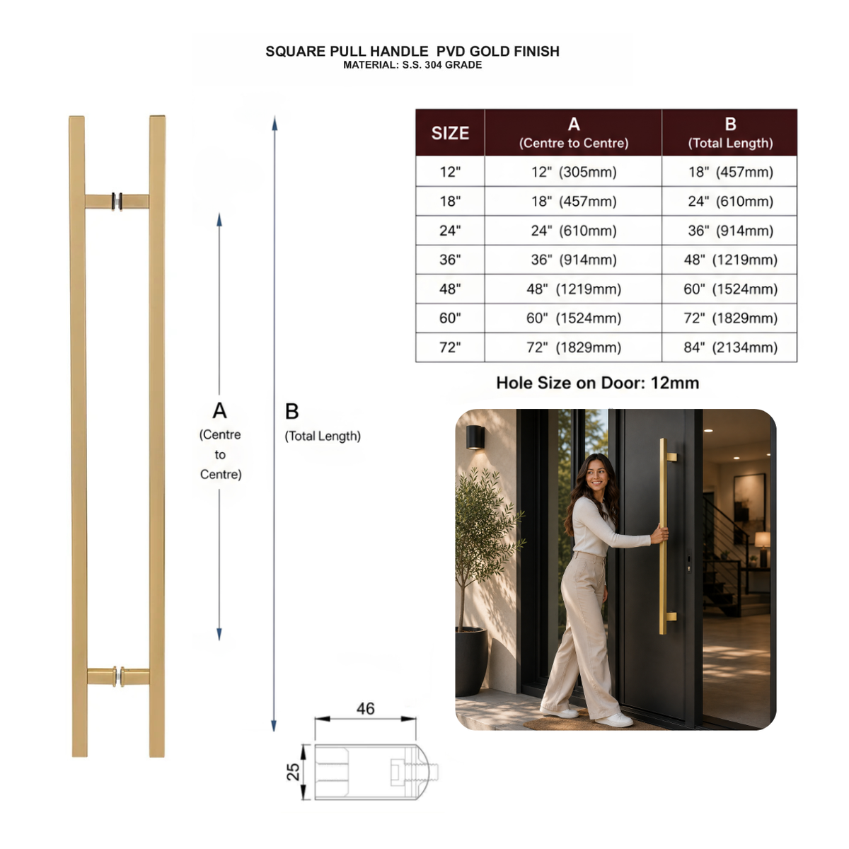 Technical specification and size chart for a PVD Gold stainless steel square pull handle
