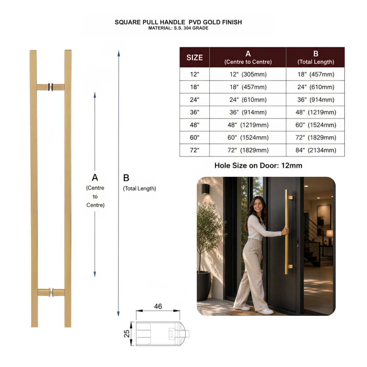 36" Back-to-Back Entry Door Pull Handle | Square H Type Ladder Style | 304 Stainless Steel Front Door Push Pull Handle | for Residential & Commercial use - PVD Gold