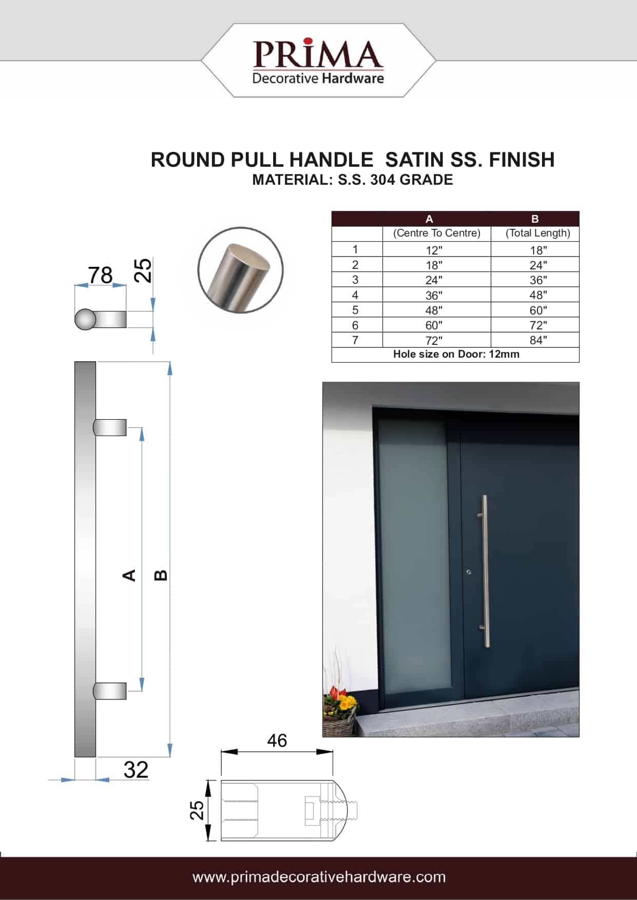 Door Pull Handle Round Knurling 18" Single Side Stainless Steel