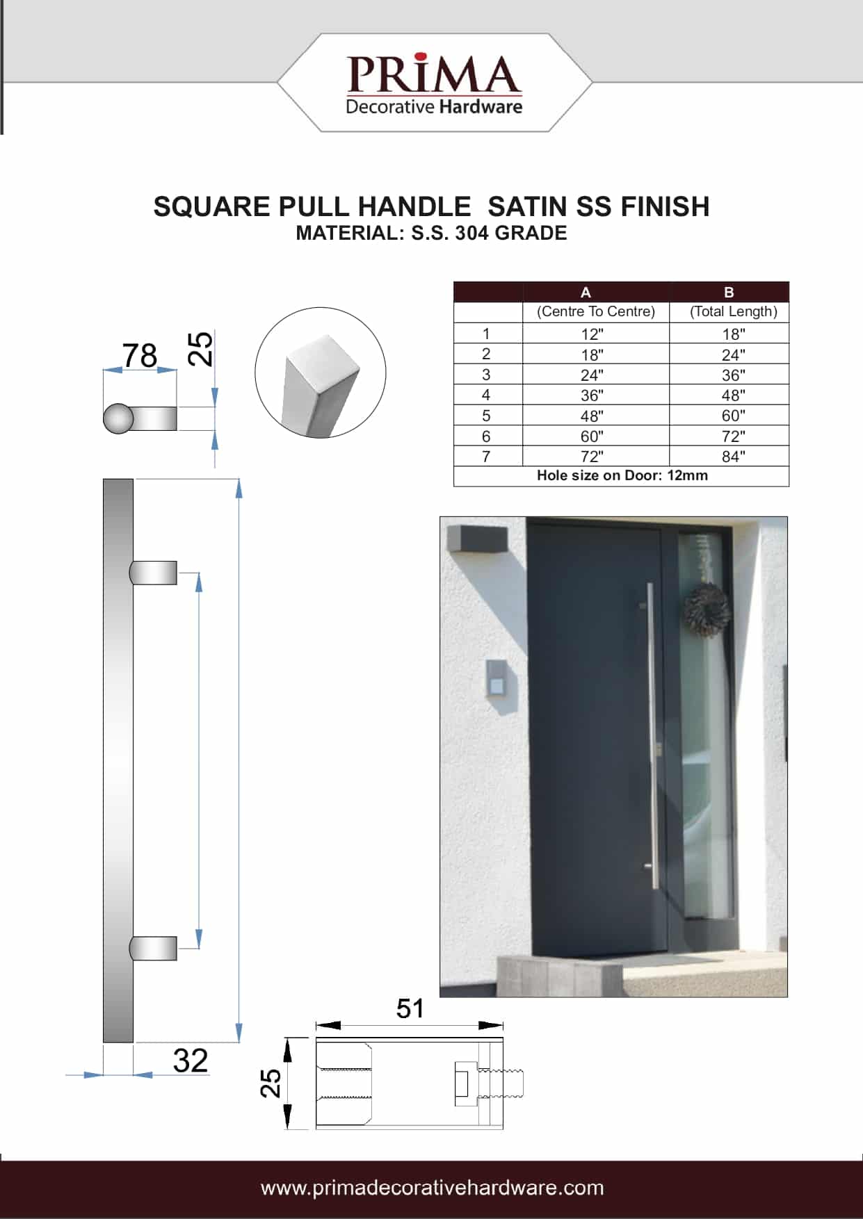 72" Back-to-Back Entry Door Pull / Push Handle - Square ‘H’ Type, Ladder Style Modern Design | Premium 304 Stainless Steel | Satin Brushed Finish