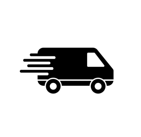 A black delivery van icon with motion lines behind it, indicating fast or express shipping, on a white background.