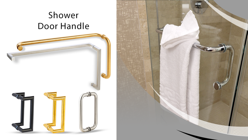 A variety of shower door handles in black, gold, chrome, and silver are shown. On the right, a chrome handle is mounted on a glass shower door, holding a white towel. Text reads: “Shower Door Handle.”.