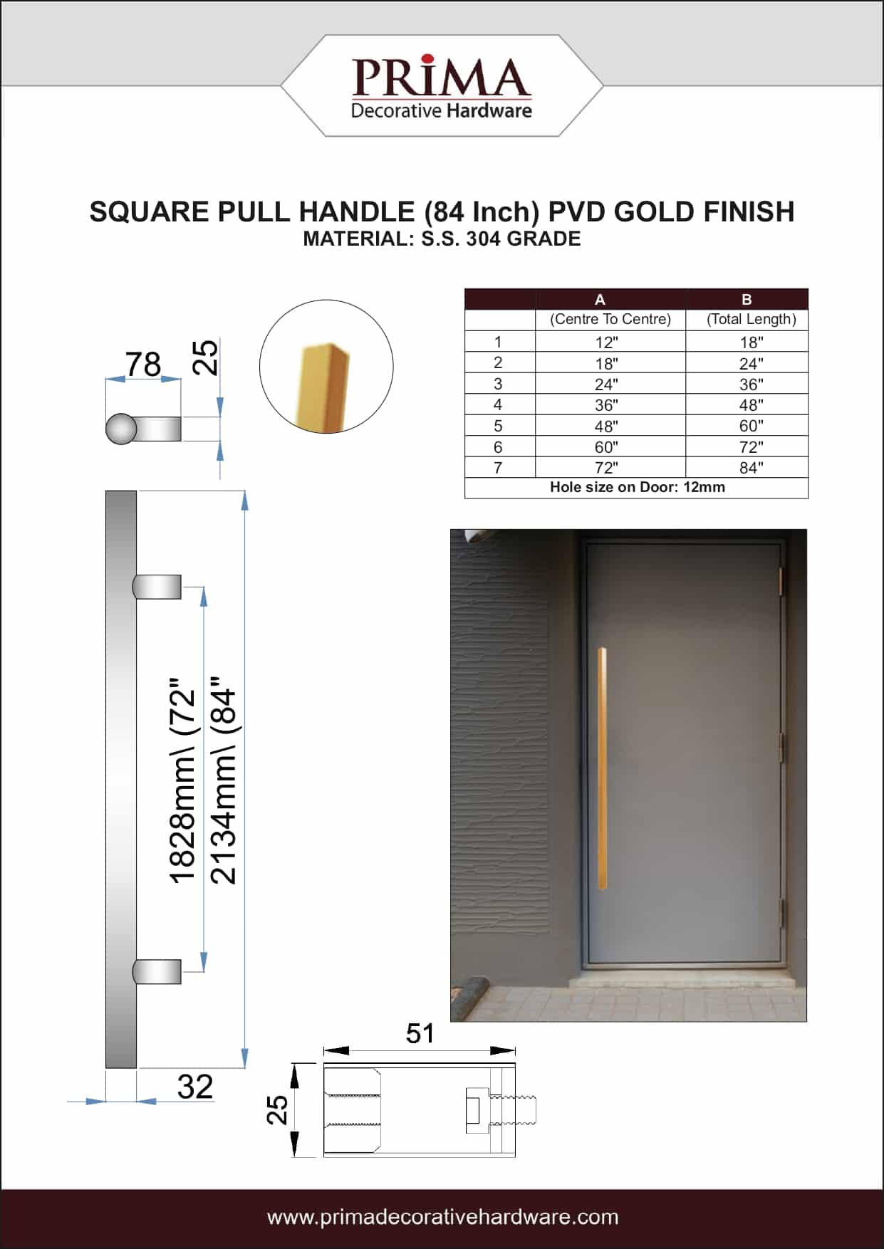Poignée de porte d'entrée dos à dos de 84 po – Forme carrée « H », style échelle moderne | Acier inoxydable 304 de qualité supérieure | Finition PVD or
