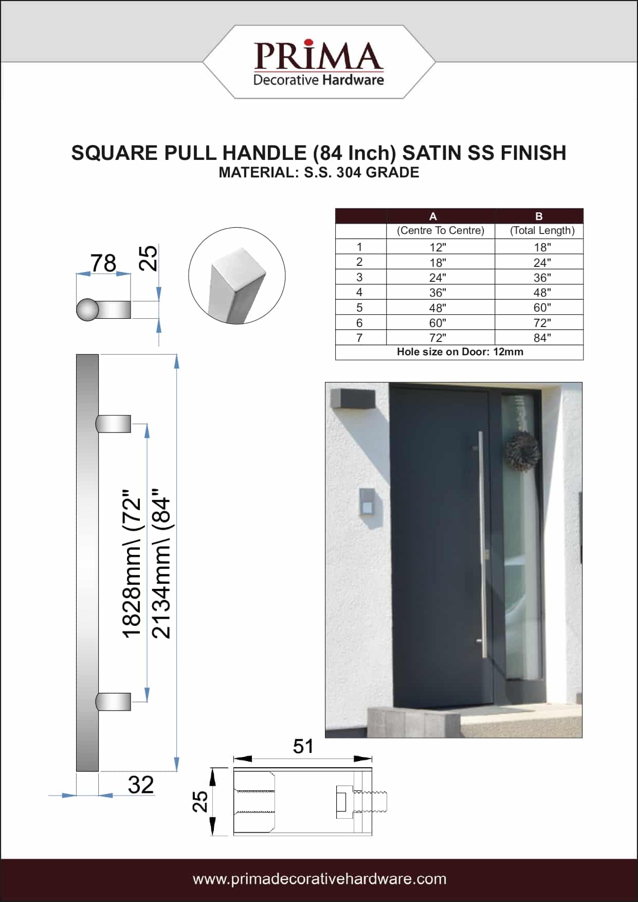 84" Back-to-Back Entry Door Pull / Push Handle - Square ‘H’ Type, Ladder Style Modern Design | Premium 304 Stainless Steel | Satin Brushed Finish