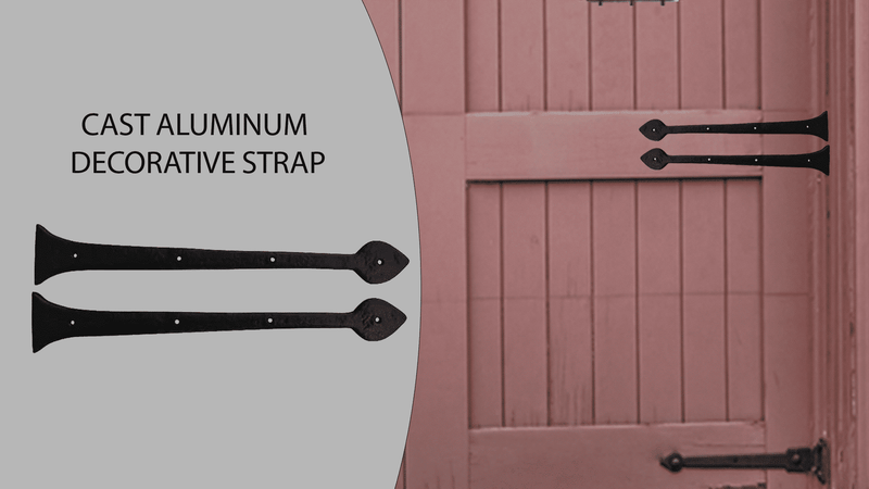 A black cast aluminum decorative strap is shown on a pink wooden door, with a close-up view of the strap on the left and the strap installed on the door on the right. Text reads: Cast Aluminum Decorative Strap.