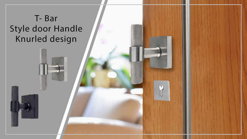 A modern T-bar style door handle with a knurled design is shown installed on a wooden door, with text describing the handle and an inset showing the handle in two color options: silver and black.